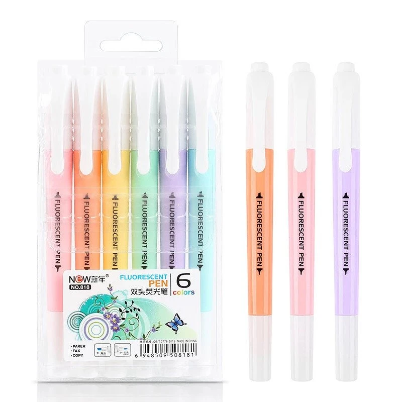 6pcs Set penna evidenziatore fluorescente a doppia testa Ma
